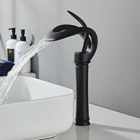 Modern Elegant Waterfall Bathroom Vessel Sink Faucet Single Handle Solid Brass in Black