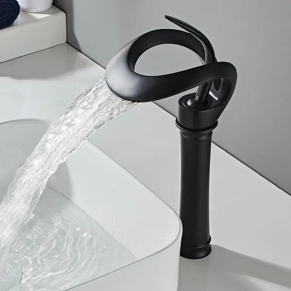 Modern Elegant Waterfall Bathroom Vessel Sink Faucet Single Handle Solid Brass in Black