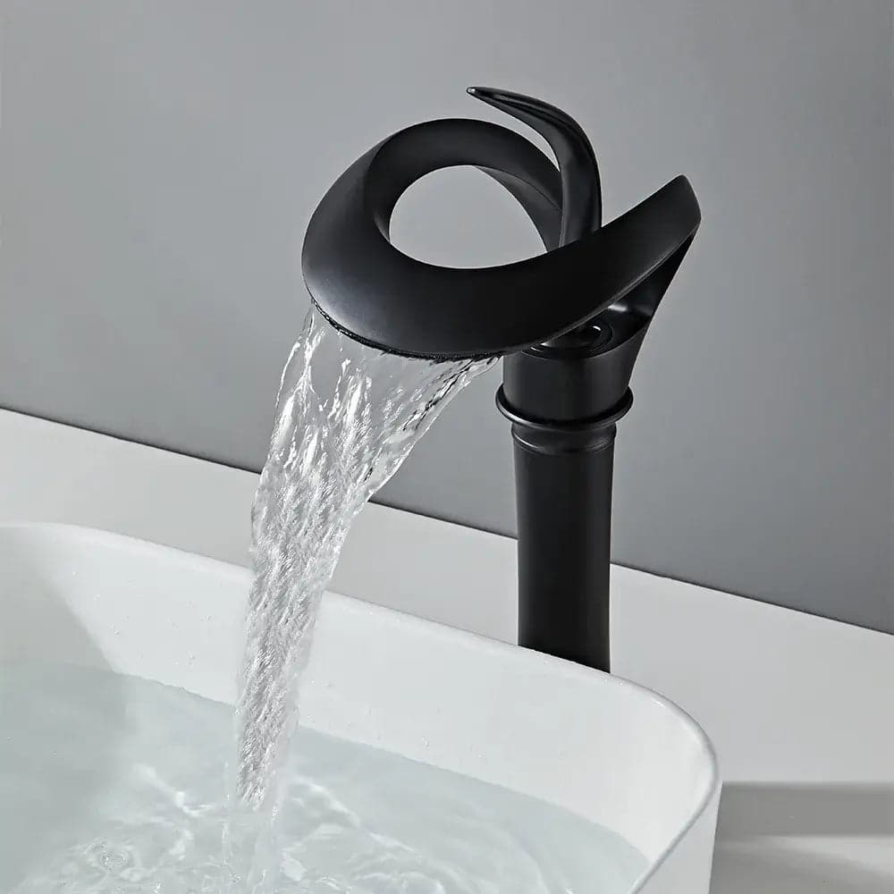 Modern Elegant Waterfall Bathroom Vessel Sink Faucet Single Handle Solid Brass in Black