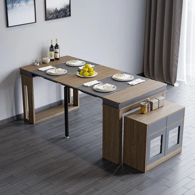 Modern Extendable Dining Table Rectangle Sideboard with Storage in Walnut and Gray