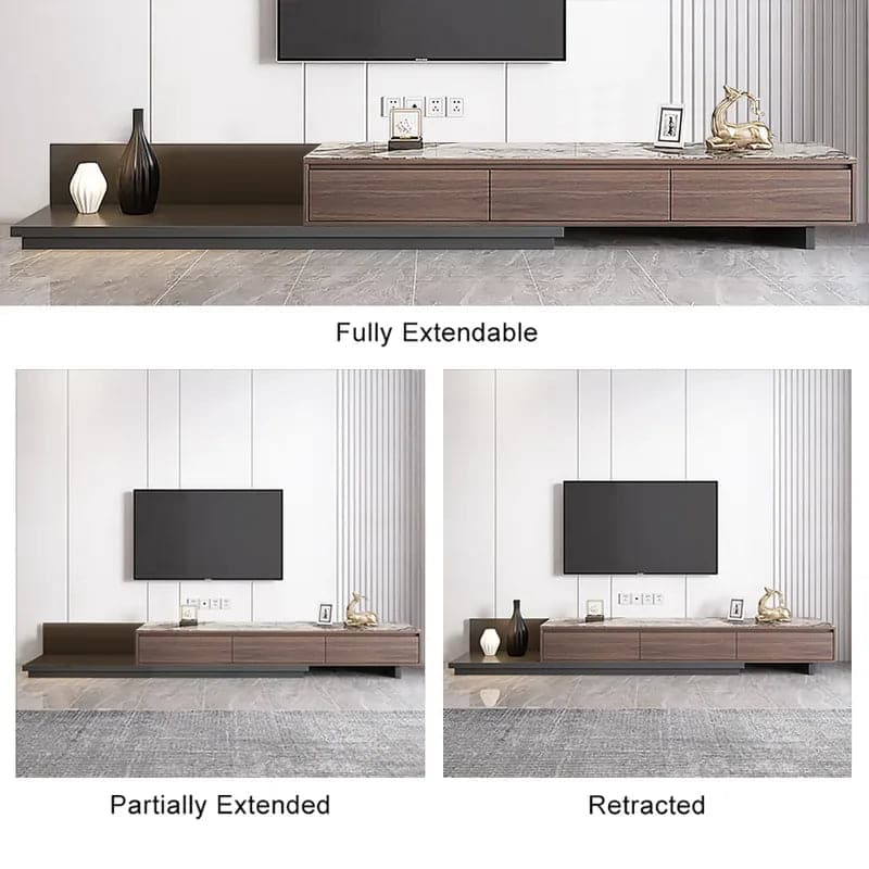 Modern Extendable Stone Top Walnut and Black Wood TV Stand with 3 Drawers Up to 120 Inch