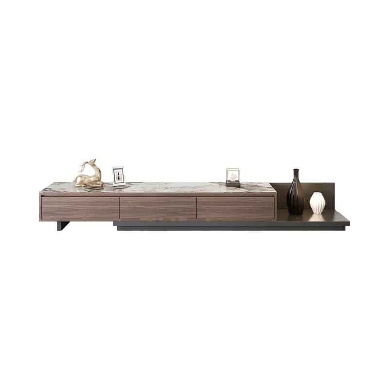 Modern Extendable Stone Top Walnut and Black Wood TV Stand with 3 Drawers Up to 120 Inch