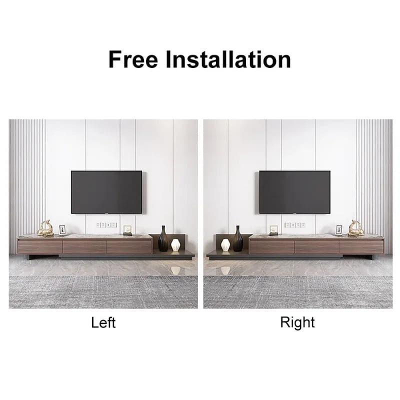 Modern Extendable Stone Top Walnut and Black Wood TV Stand with 3 Drawers Up to 120 Inch