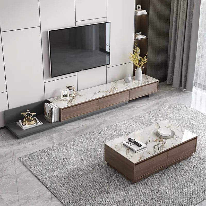 Modern Extendable Stone Top Walnut and Black Wood TV Stand with 3 Drawers Up to 120 Inch