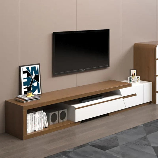 Meuble TV extensible moderne blanc et noyer avec rangement, bibliothèque et tiroir