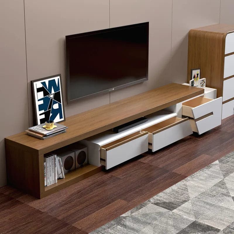 Meuble TV extensible moderne blanc et noyer avec rangement, bibliothèque et tiroir