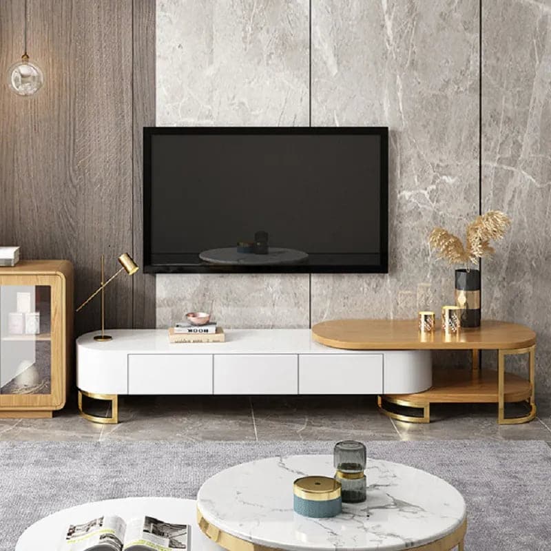 Modern Extending TV Stand with Storage Oval White and Natural Media Console#White & Natural