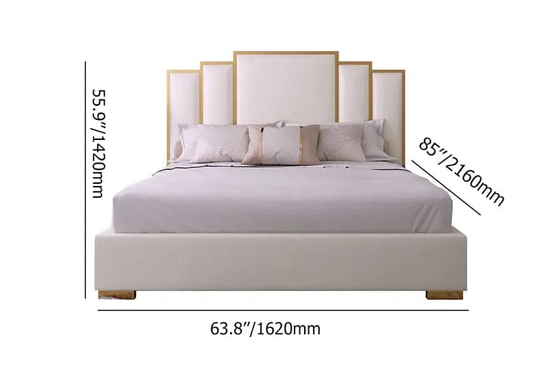 Modern Faux Leather Queen Upholstered Bed in White Geometric Headboard Included