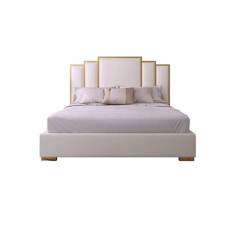 Lit Queen rembourré moderne en similicuir avec tête de lit géométrique blanche incluse