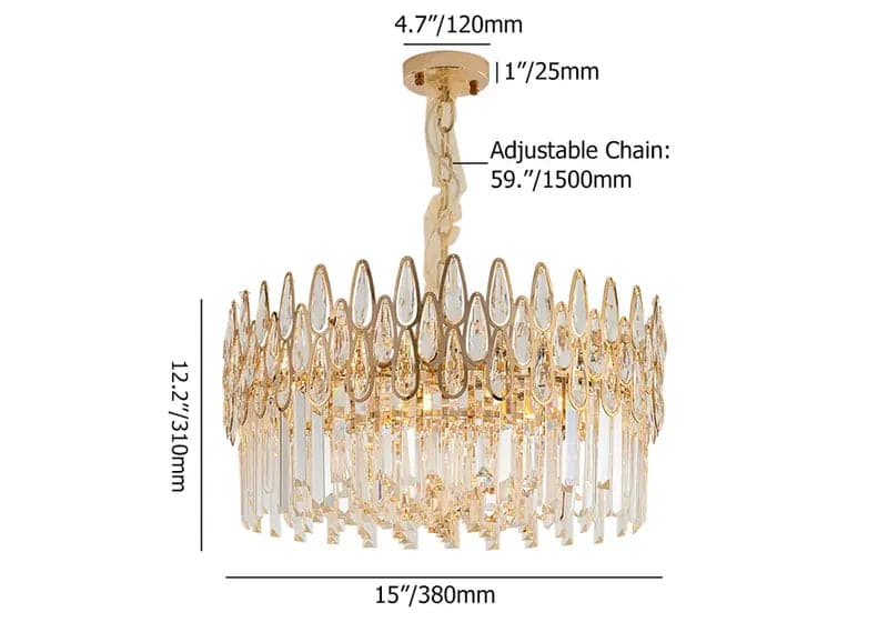 Lustre moderne en cristal doré à 6 lumières, 9 lumières et 14 lumières avec chaîne réglable