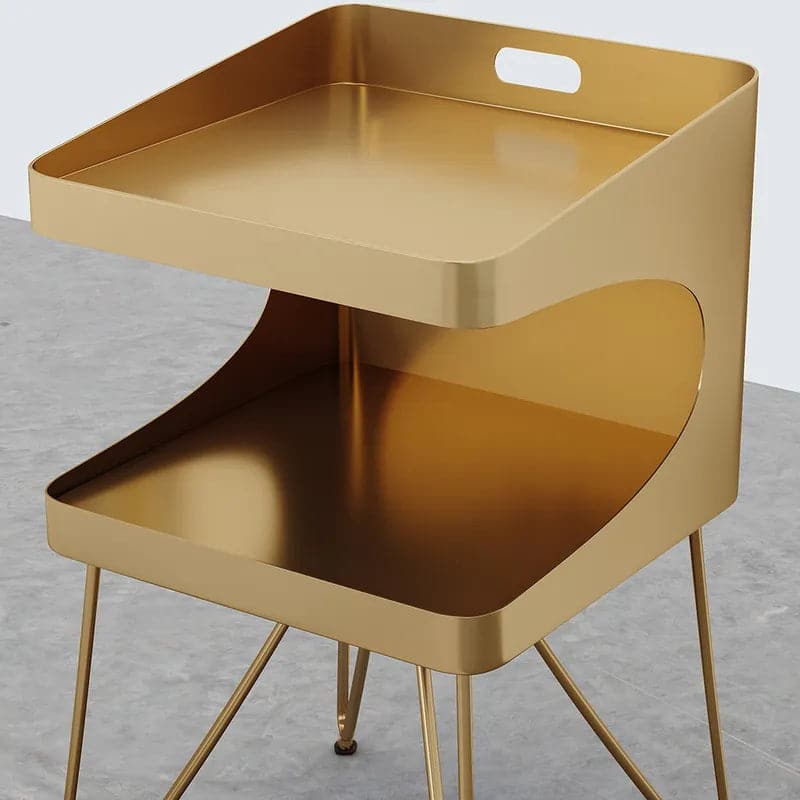 Table de chevet moderne en métal doré avec 2 étagères et poignée