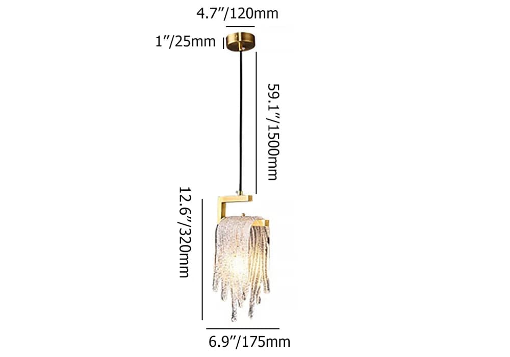 Lampe suspendue moderne dorée à 1 lumière, cascade en verre faite à la main pour chambre à coucher et salon 