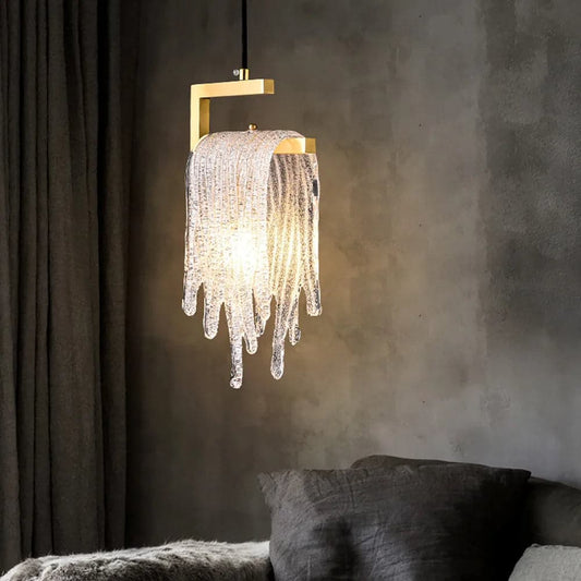 Lampe suspendue moderne dorée à 1 lumière, cascade en verre faite à la main pour chambre à coucher et salon 