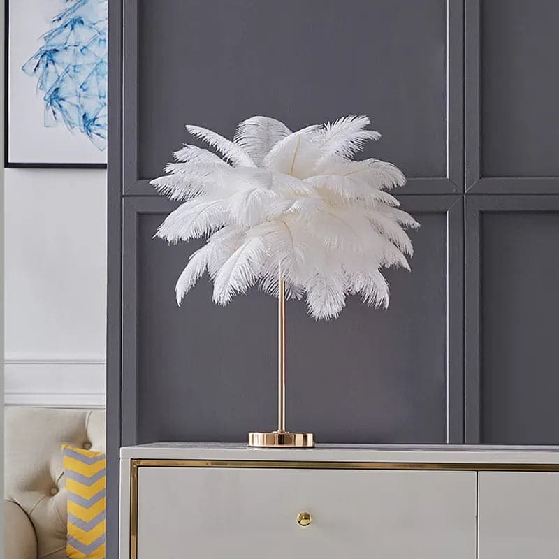 Modern Gold Portable Table Lamp with White Feather, USB Charging & Dimmable