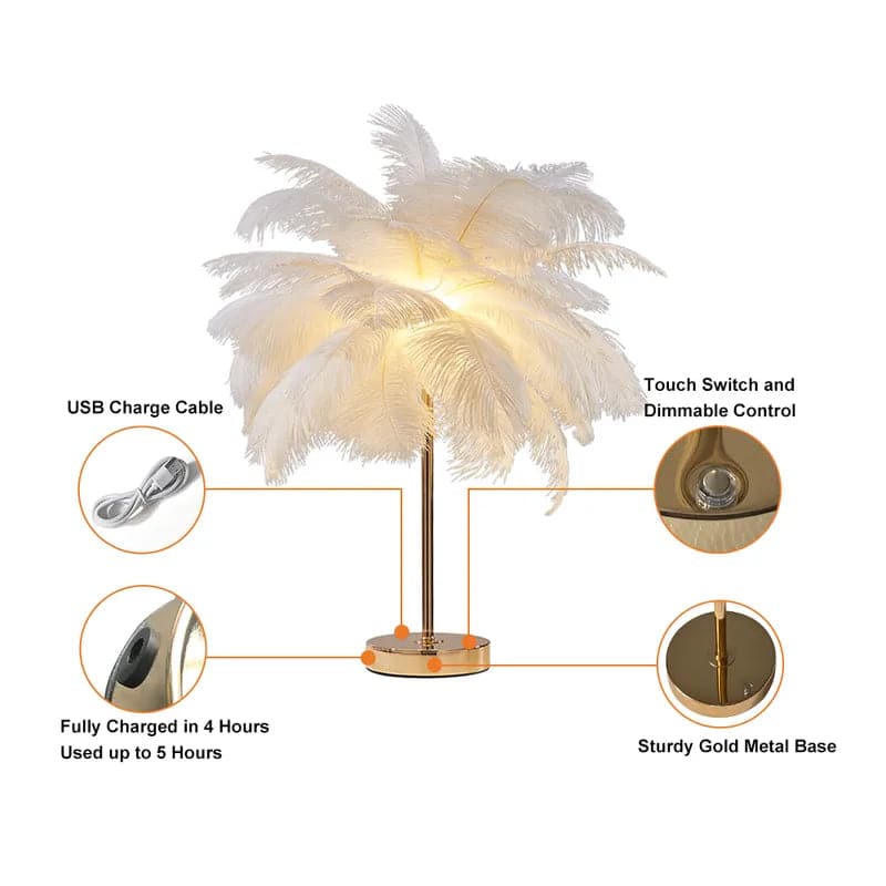 Modern Gold Portable Table Lamp with White Feather, USB Charging & Dimmable