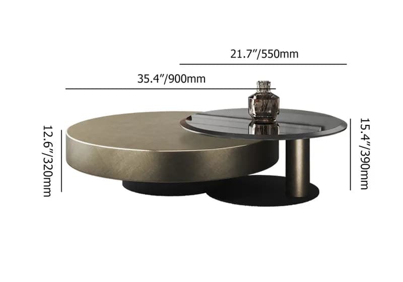 Ensemble de tables basses gigognes rondes modernes 2 pièces dorées et noires avec plateau en verre trempé