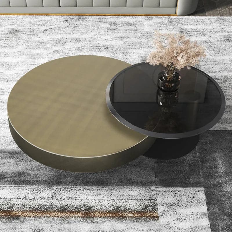 Ensemble de tables basses gigognes rondes modernes 2 pièces dorées et noires avec plateau en verre trempé