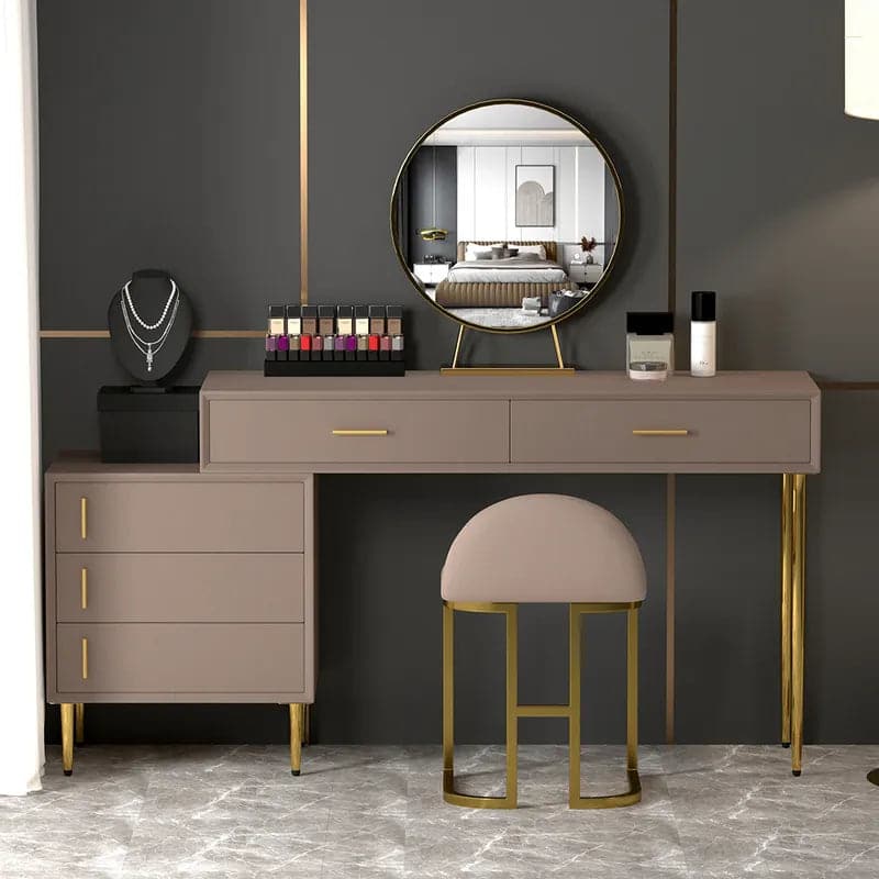 Modern Khaki Makeup Vanity Set Retracted Dressing Table Cabinet Stool and Mirror Included#Khaki