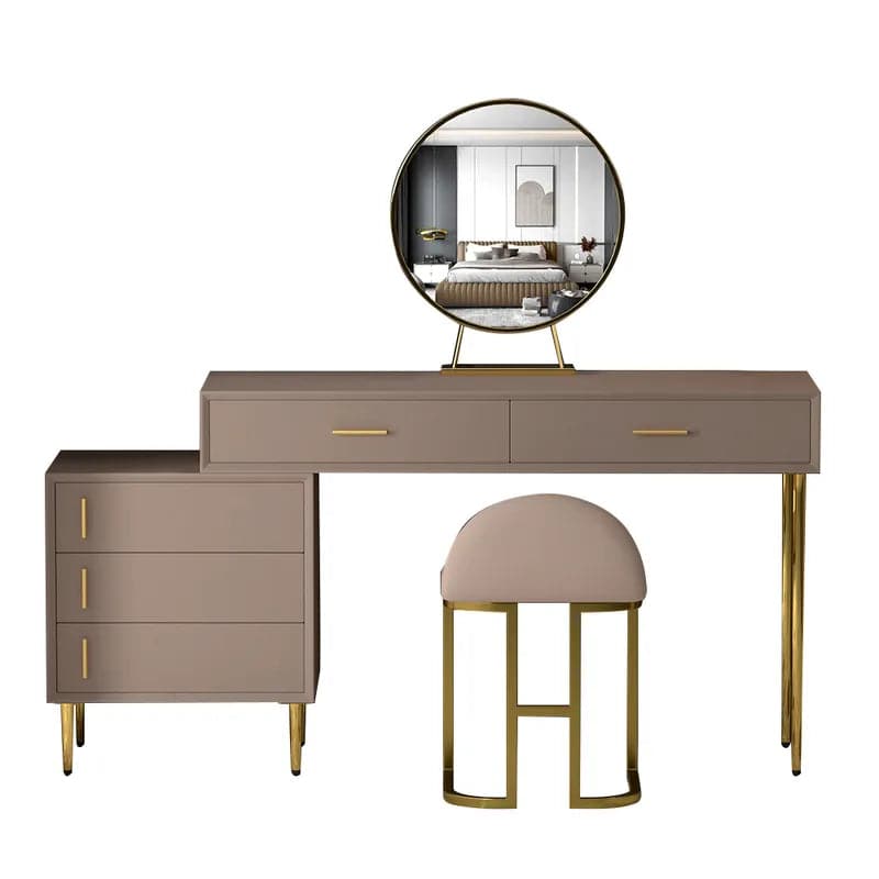 Modern Khaki Makeup Vanity Set Retracted Dressing Table Cabinet Stool and Mirror Included#Khaki