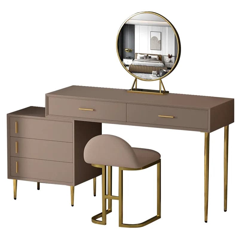 Modern Khaki Makeup Vanity Set Retracted Dressing Table Cabinet Stool and Mirror Included#Khaki