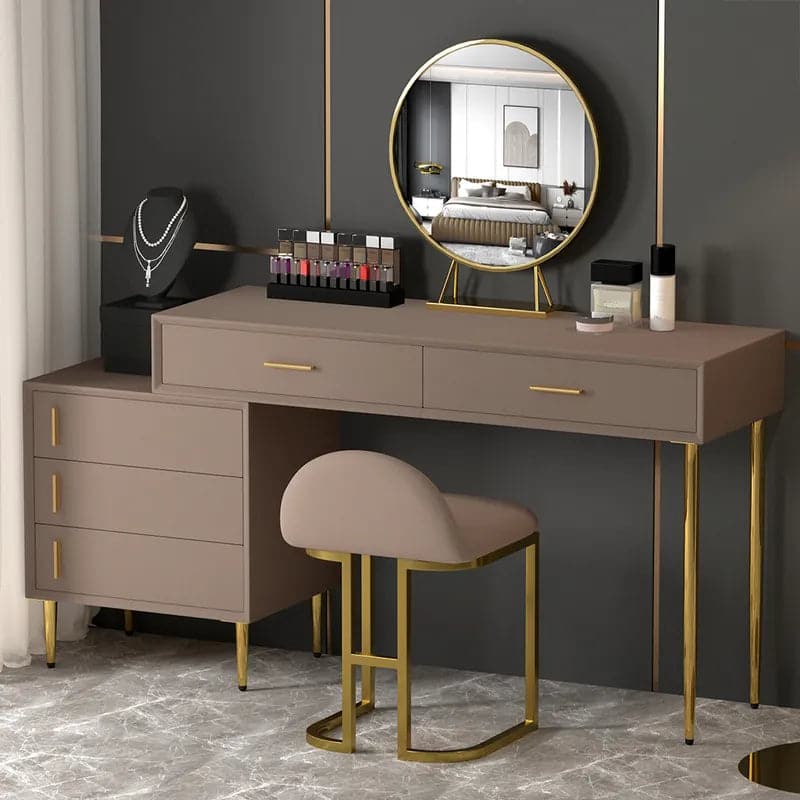 Modern Khaki Makeup Vanity Set Retracted Dressing Table Cabinet Stool and Mirror Included#Khaki