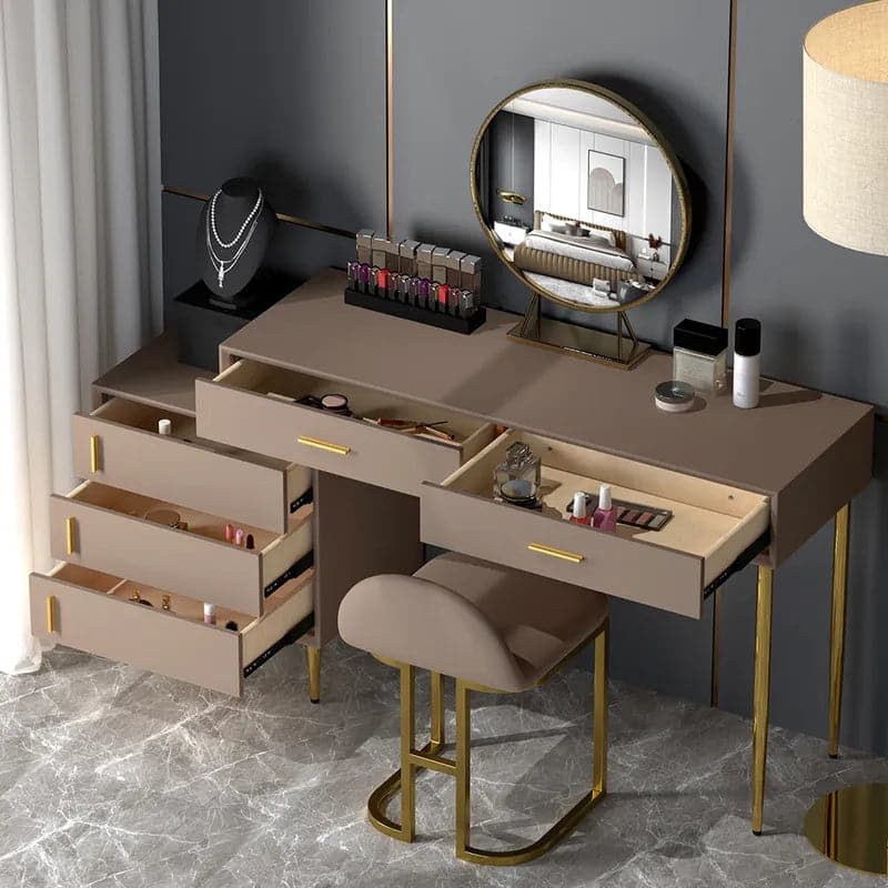 Modern Khaki Makeup Vanity Set Retracted Dressing Table Cabinet Stool and Mirror Included#Khaki