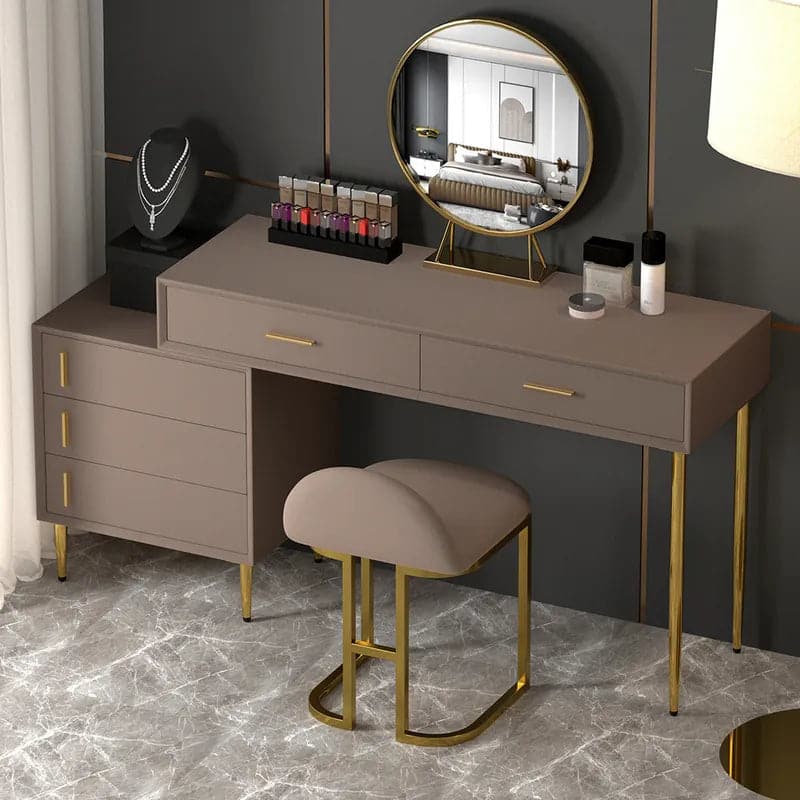 Modern Khaki Makeup Vanity Set Retracted Dressing Table Cabinet Stool and Mirror Included#Khaki