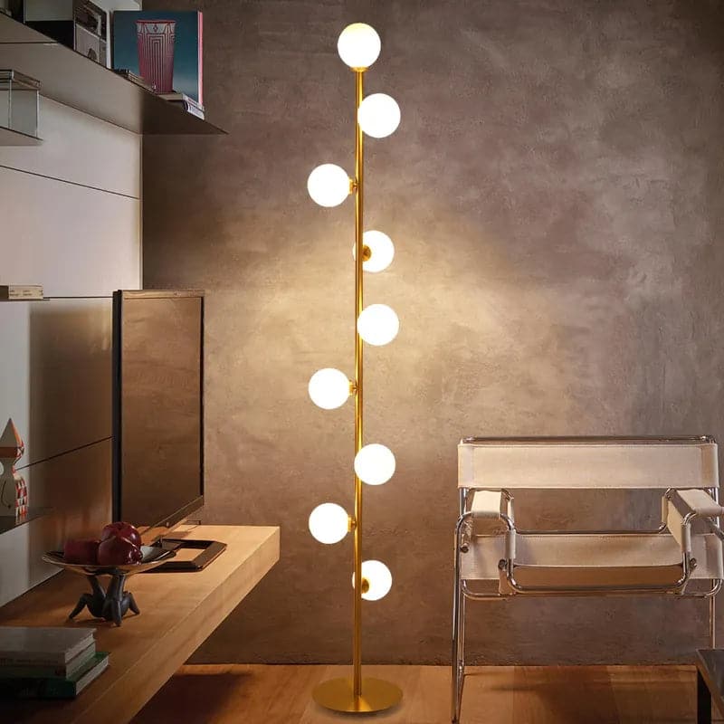 Lampadaire moderne à LED doré à 9 lumières avec globe en verre blanc