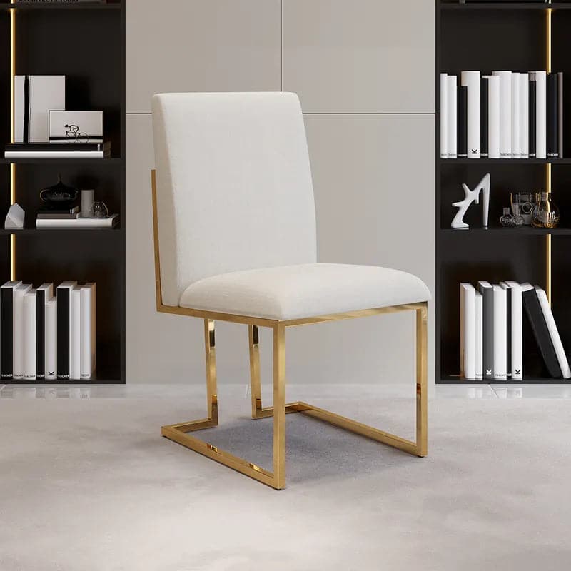 Chaise de salle à manger moderne en lin recouverte de pieds en acier inoxydable beige doré (Ensemble de 2)