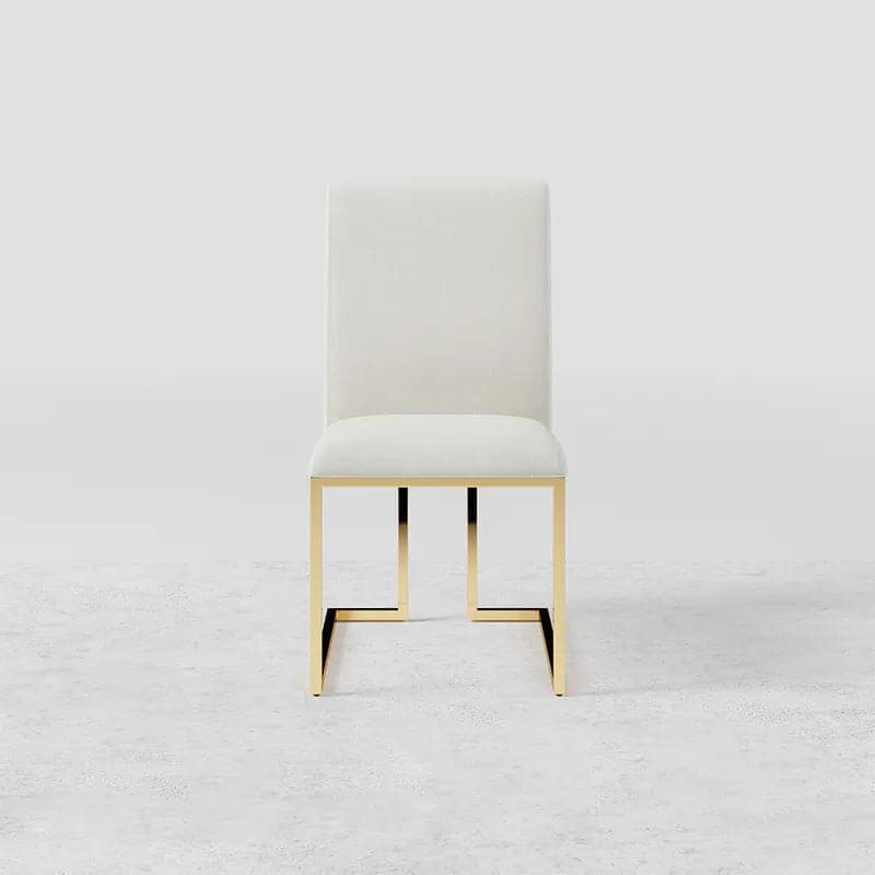 Chaise de salle à manger moderne en lin recouverte de pieds en acier inoxydable beige doré (Ensemble de 2)