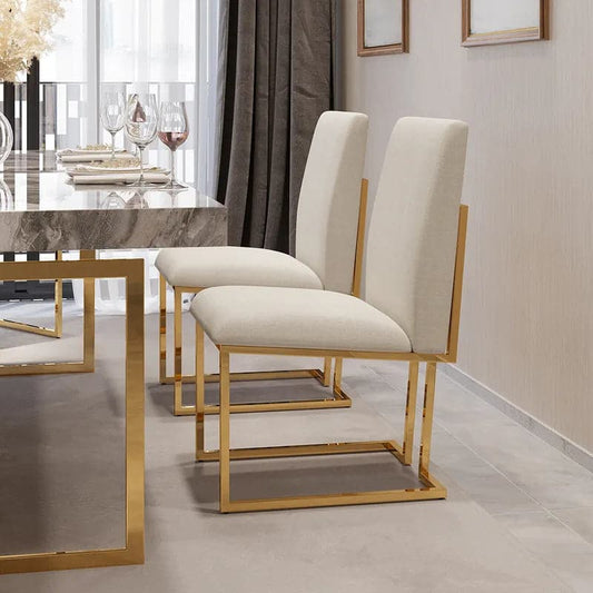 Modern Linen Dining Chair Upholstered in Beige Stainless Steel Leg Gold (Set of 2)