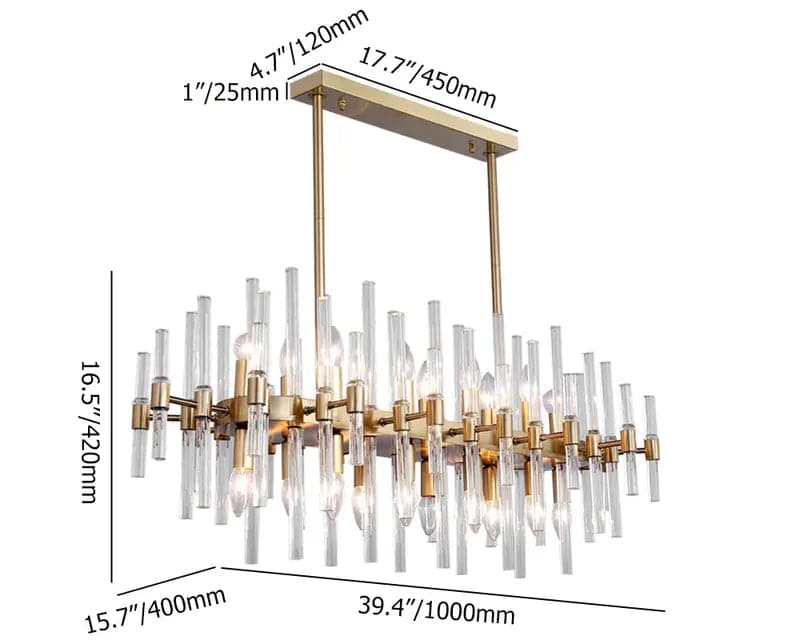 Lustre moderne en métal et verre à 20 lumières pour îlot de cuisine, laiton