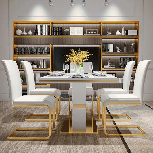 Ensemble de 4 chaises de salle à manger en cuir PU blanc, rembourrées et minimalistes, modernes, base en métal doré