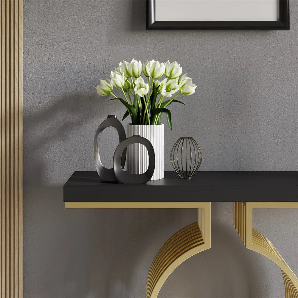 Modern Narrow Console Table with Geometric Metal Base Black Entryway Table