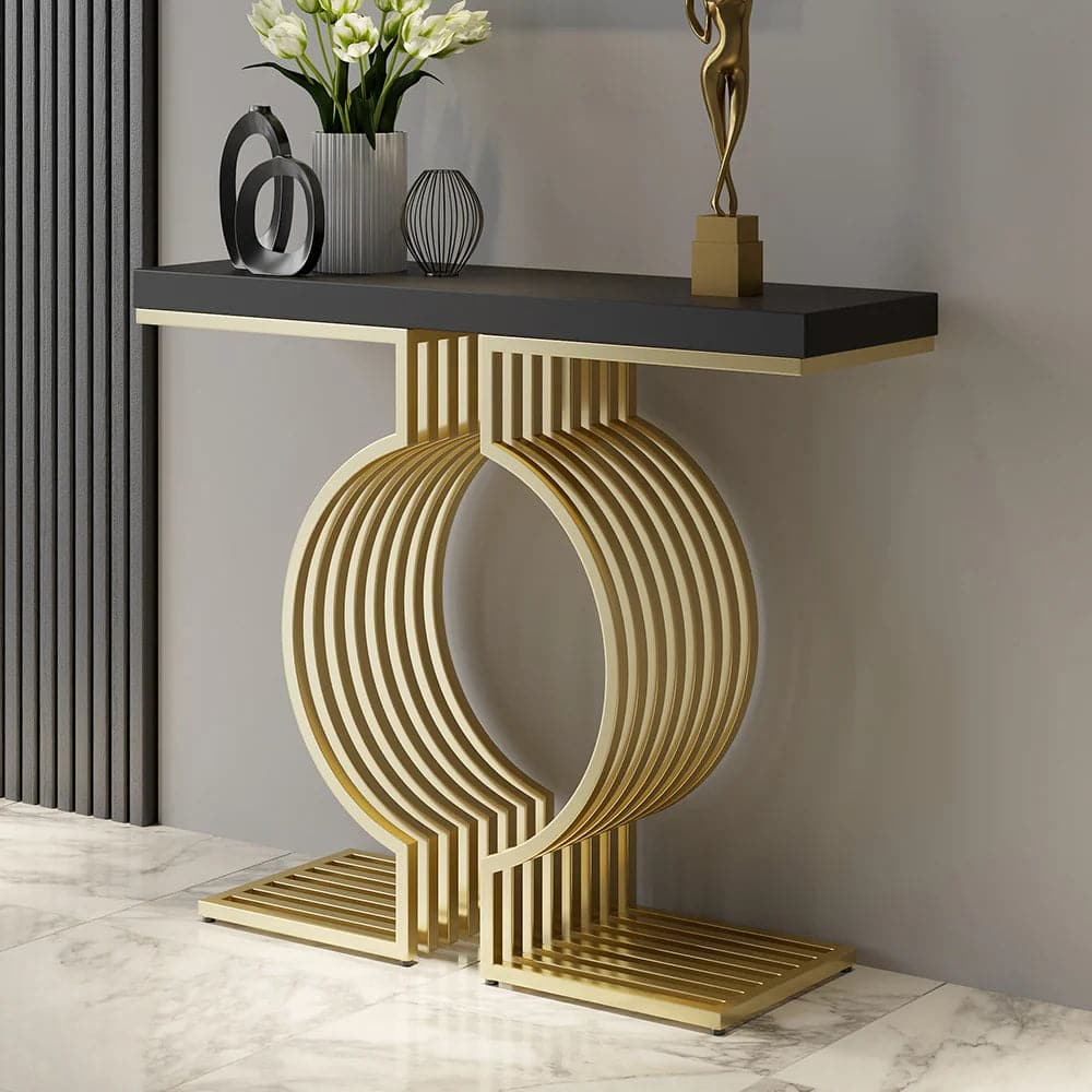 Modern Narrow Console Table with Geometric Metal Base Black Entryway Table