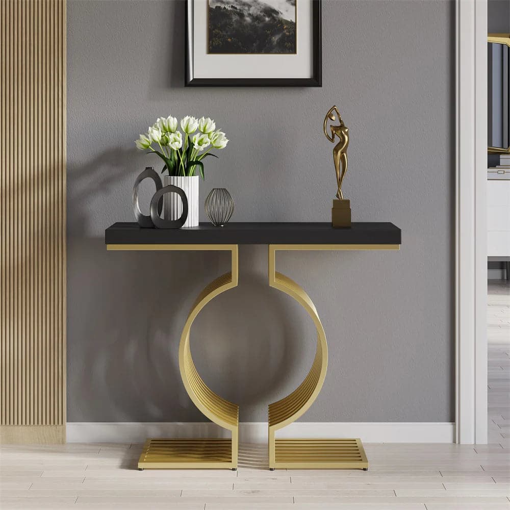Modern Narrow Console Table with Geometric Metal Base Black Entryway Table