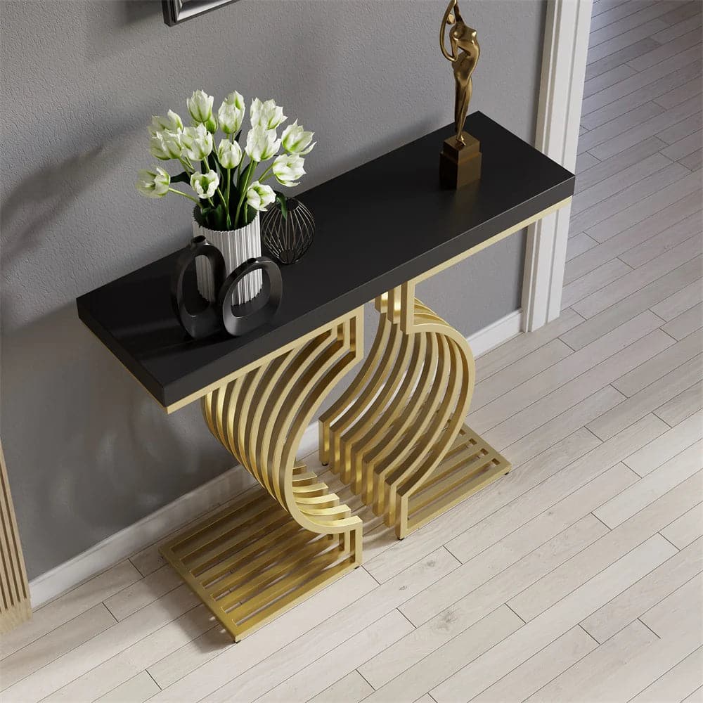 Modern Narrow Console Table with Geometric Metal Base Black Entryway Table