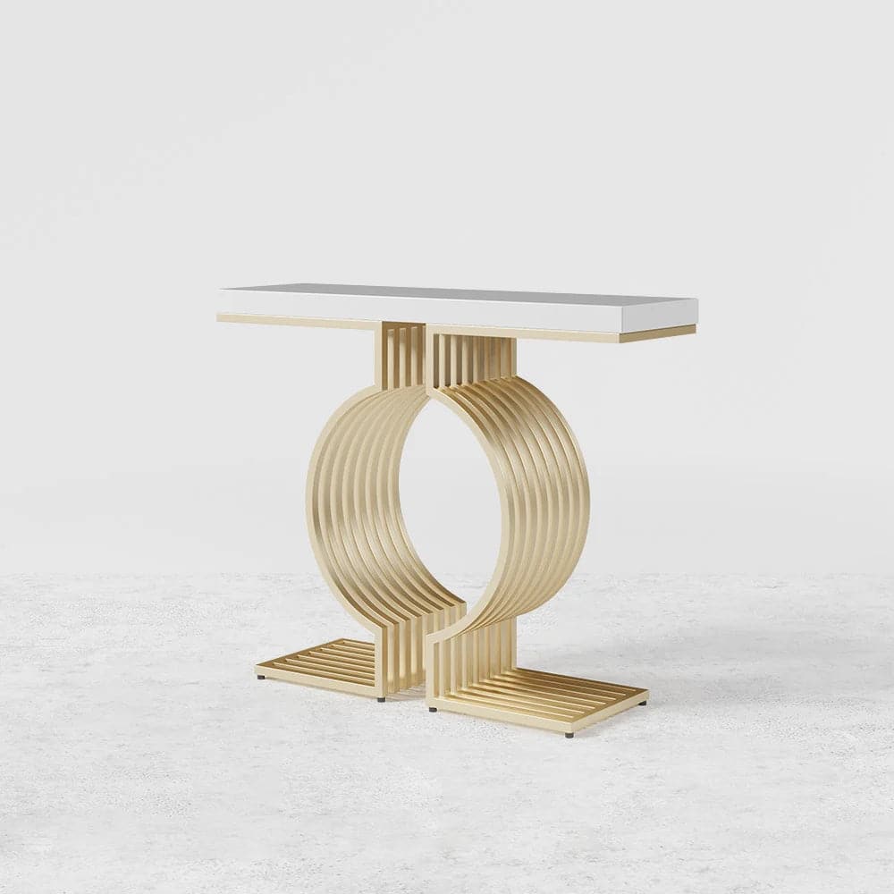 Modern Narrow Console Table with Geometric Metal Base White Entryway Table