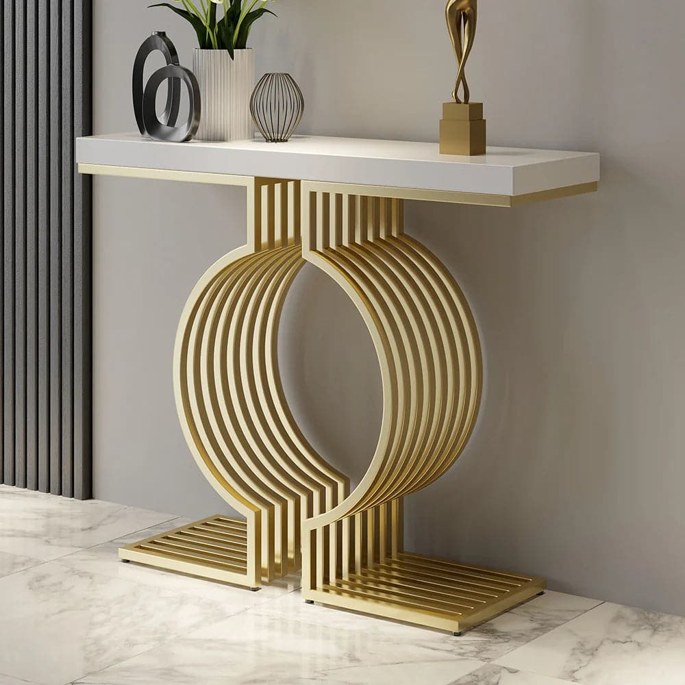 Modern Narrow Console Table with Geometric Metal Base White Entryway Table