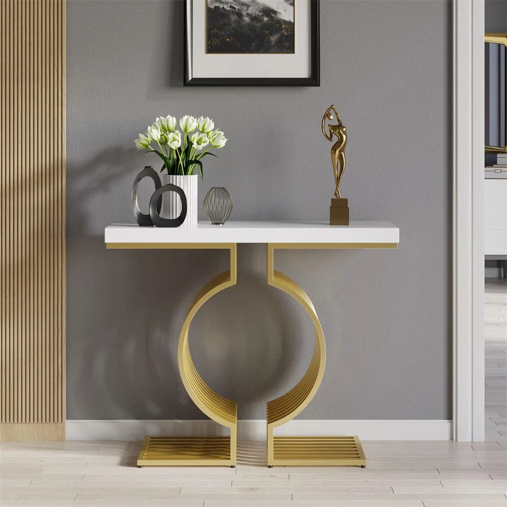 Modern Narrow Console Table with Geometric Metal Base White Entryway Table