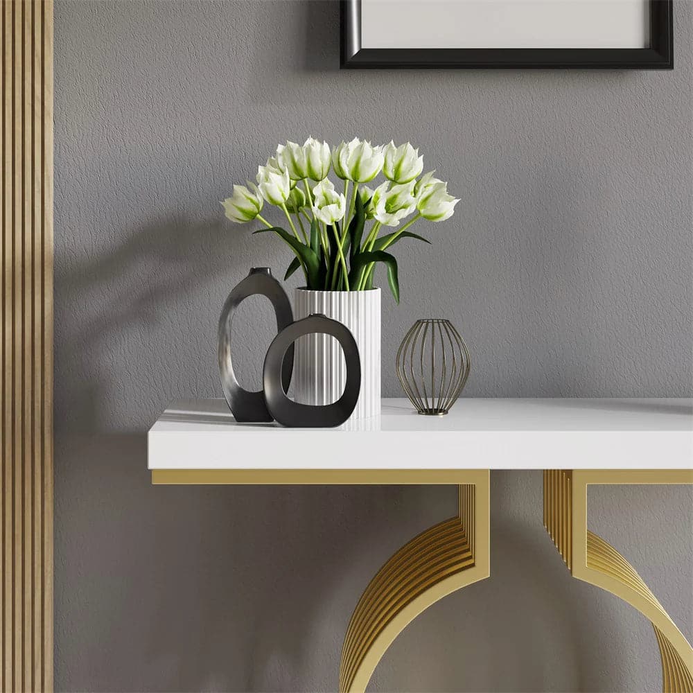 Modern Narrow Console Table with Geometric Metal Base White Entryway Table