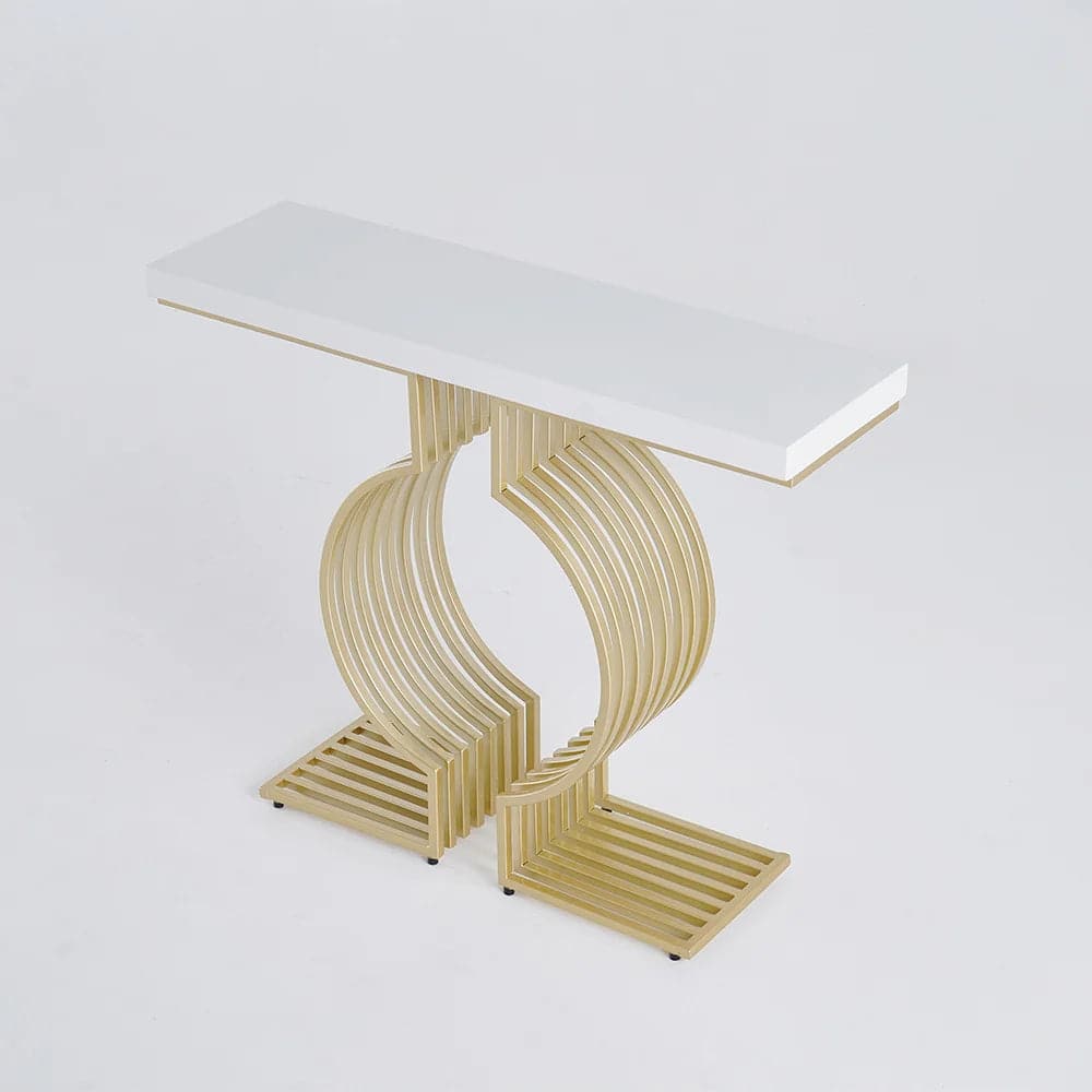 Modern Narrow Console Table with Geometric Metal Base White Entryway Table