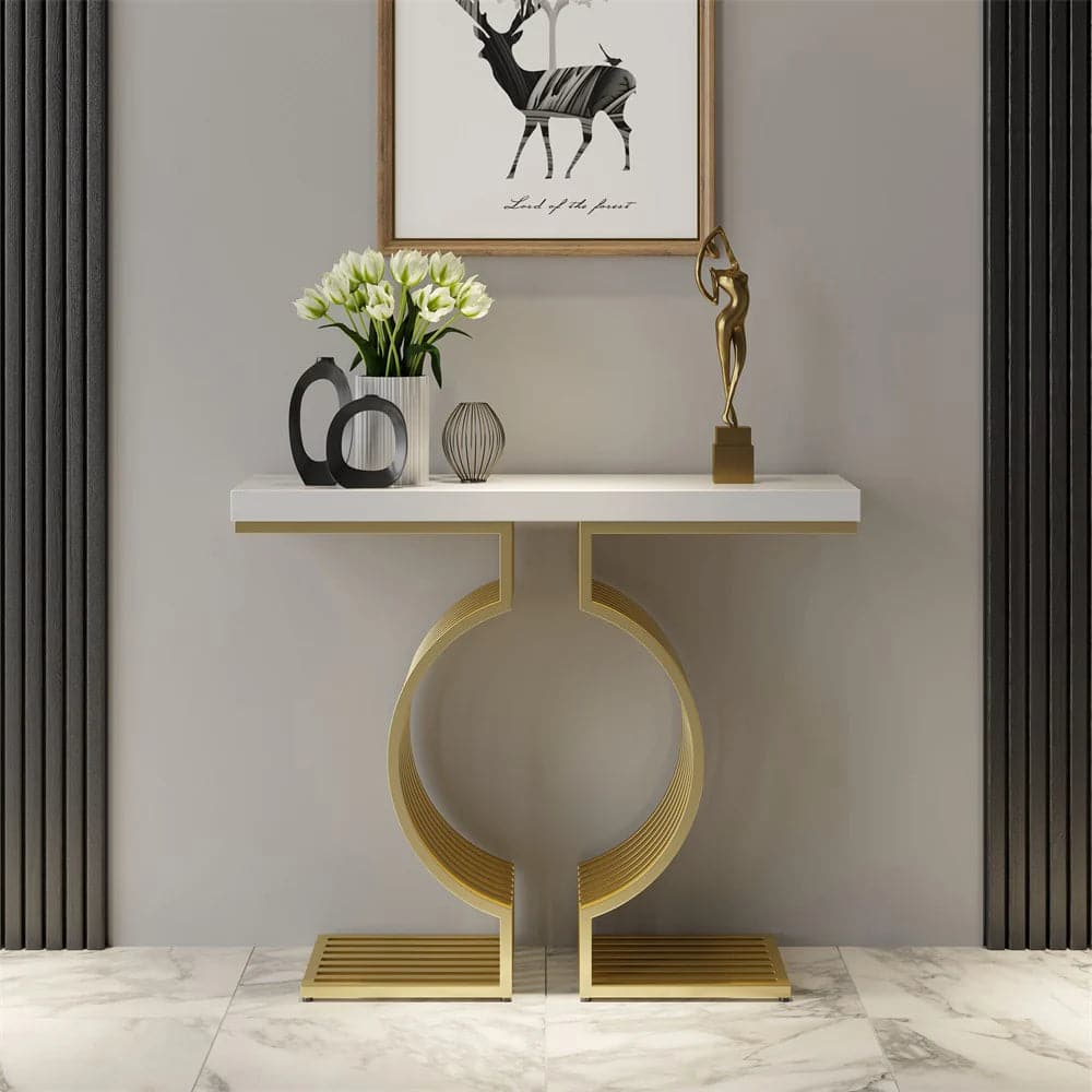 Modern Narrow Console Table with Geometric Metal Base White Entryway Table