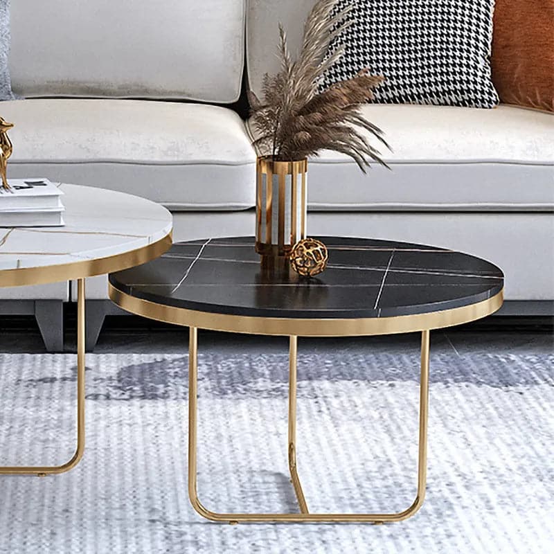 Modern Nesting Coffee Table Set 2-Piece Black and White Sintered Stone Top Gold Base