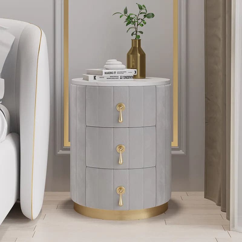 Modern Nightstand Gray Round Nightstand with 3 Drawers Nightstand with Storage