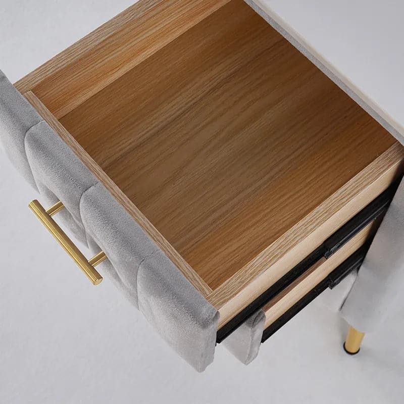 Table de chevet moderne en velours gris, 3 tiroirs, plateau en pierre frittée