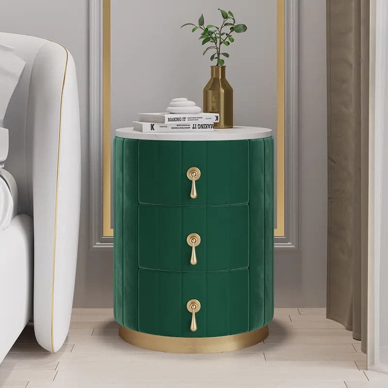 Modern Nightstand Green Round Nightstand with 3 Drawers Nightstand with Storage