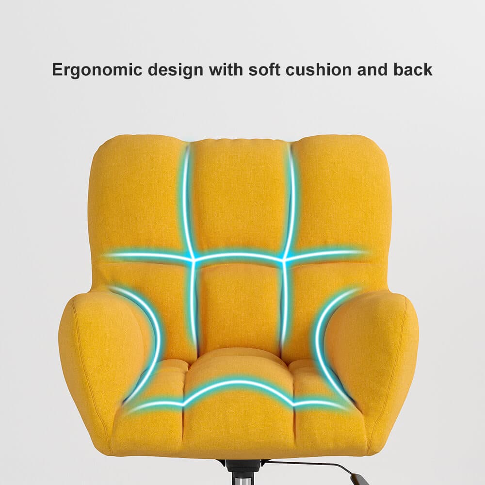 Modern Office Chair Upholstered Cotton & Linen Swivel Task Chair Height Adjustable#Yellow