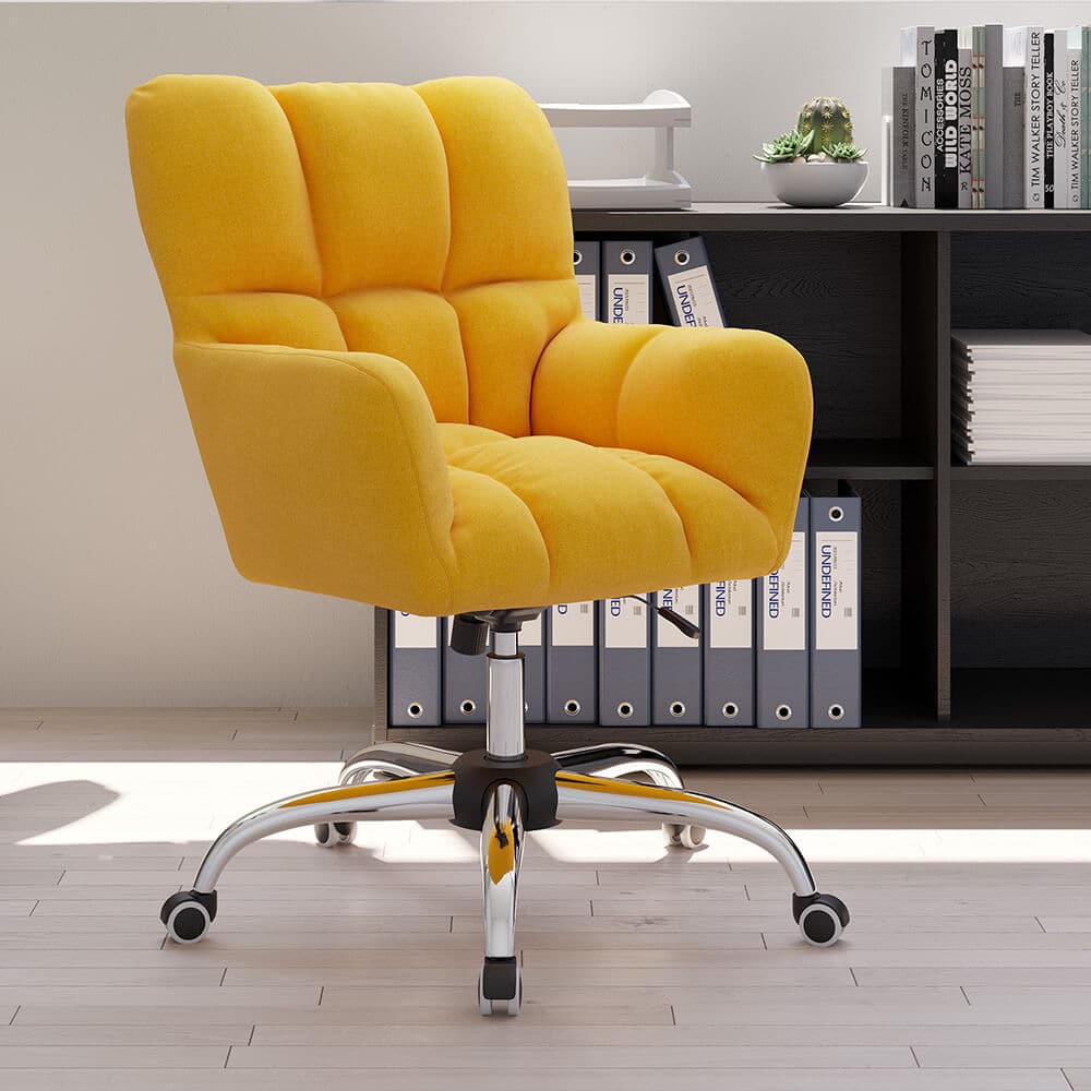 Modern Office Chair Upholstered Cotton & Linen Swivel Task Chair Height Adjustable#Yellow