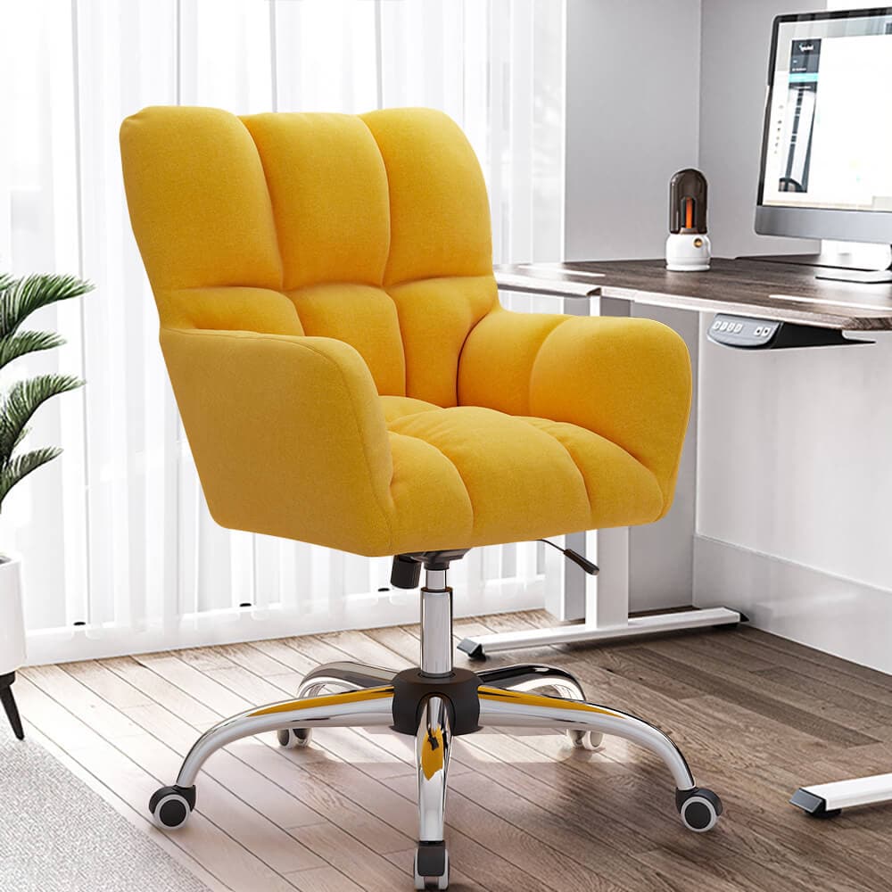 Modern Office Chair Upholstered Cotton & Linen Swivel Task Chair Height Adjustable#Yellow